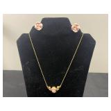 Elegant Gold-Toned Necklace and Earring Set with Rose Detailing - display not inc