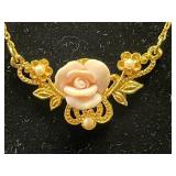 Elegant Gold-Toned Necklace and Earring Set with Rose Detailing - display not inc