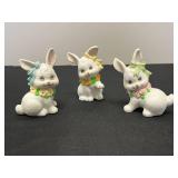 Set of 3 Ceramic Bunny Figurines with Floral Collars