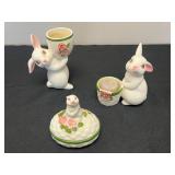 Set of 3 VTG Avon Ceramic Rabbit Candle Holders and Trinket Box