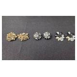 Set of Vintage Clip-On Earrings with Rhinestones and Floral Designs