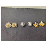 Set of Vintage Clip-On Earrings with Rhinestones and Floral Designs