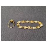 Vintage Gold Tone Bracelet w Clear Gem Stones and Vogue Ring Set