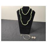 Vintage Jewelry Set with Turquoise Like Necklace, Silver Bracelet, Locket, and Pin - display not inc