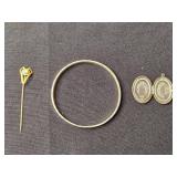 Vintage Jewelry Set with Turquoise Like Necklace, Silver Bracelet, Locket, and Pin - display not inc