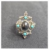 Vintage Avon Silver-Tone Ring with Black and Turquoise Like Stones