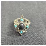 Vintage Avon Silver-Tone Ring with Black and Turquoise Like Stones