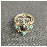 Vintage Avon Silver-Tone Ring with Black and Turquoise Like Stones