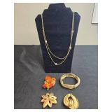 Set of Vintage Jewelry Including Gold-Tone Necklace and Brooches - display not inc