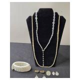 Vintage Jewelry Set: Faux Pearl and Crystal Necklaces, White Bracelet, Earrings & Religious Medals