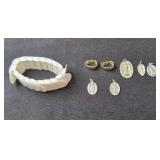 Vintage Jewelry Set: Faux Pearl and Crystal Necklaces, White Bracelet, Earrings & Religious Medals