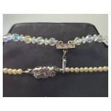 Vintage Jewelry Set: Faux Pearl and Crystal Necklaces, White Bracelet, Earrings & Religious Medals