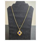 Gold Tone Necklace with Blue Stone Pendant