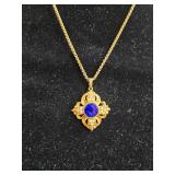 Gold Tone Necklace with Blue Stone Pendant