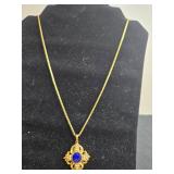 Gold Tone Necklace with Blue Stone Pendant
