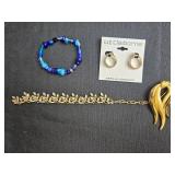 Assorted Jewelry: Gold Tone Bracelet, Gold Brooch, Beaded Bracelet, and Liz Claiborne Earrings