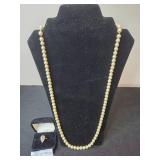 1928 Stamped Simulated Pearl Necklace and Pear-Shaped Crystal Ring Set (Size 9)