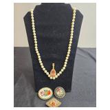 Vintage Beaded Necklace and Floral Mosaic Brooches Set