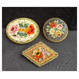 Vintage Beaded Necklace and Floral Mosaic Brooches Set