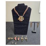 Collection of Vintage Jewelry with Multi-Stone Necklace and Various Earrings