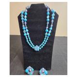 Vintage Blue Beaded Necklace and Earrings Set - display not inc
