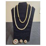 Faux Pearl Necklaces and Vintage Mosaic Earrings w/ Matching Pin W Floral Design