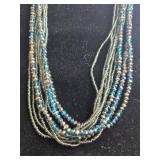 Multistrand Green and Blue Beaded Necklace with Rhinestone Clasp