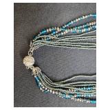 Multistrand Green and Blue Beaded Necklace with Rhinestone Clasp