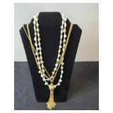 Collection of Gold Tone and Faux Pearl Necklaces with Tassel Accents - display not inc