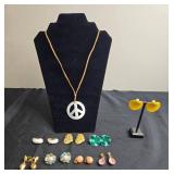 Vintage Jewelry Collection: Peace Sign Pendant Necklace w/ Leather Rope & Clip-On Earrings - display not inc
