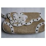 Woven Straw Shoulder Bag with Floral Accent and Studded Design