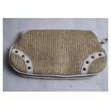 Woven Straw Shoulder Bag with Floral Accent and Studded Design