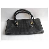 Black Leather Textured Handbag with Double Handle