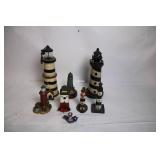 Collection of 8 Decorative Lighthouse Figurines with Varied Designs