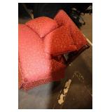 Antique Red Upholstered Chair with Ornate Wooden Frame and Cushions