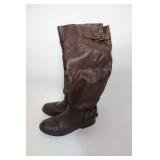 Pair of Brown Leather Knee-High Boots with Buckle Detail