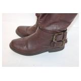 Pair of Brown Leather Knee-High Boots with Buckle Detail