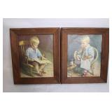 Set of 2 Vintage Framed Prints of Children Reading and Relaxing