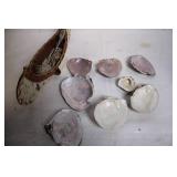 Set of 7 Vintage Seashells with Decorative Birchbark Canoe