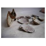 Set of 7 Vintage Seashells with Decorative Birchbark Canoe