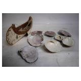 Set of 7 Vintage Seashells with Decorative Birchbark Canoe
