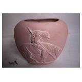 Unique Vintage Pink Ceramic Vase with Embossed Horse and Rider
