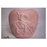Unique Vintage Pink Ceramic Vase with Embossed Horse and Rider