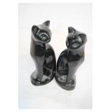 Pair of Vintage Black Ceramic Cat Figurines with Green Eyes