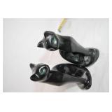 Pair of Vintage Black Ceramic Cat Figurines with Green Eyes