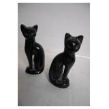 Pair of Vintage Black Ceramic Cat Figurines with Green Eyes