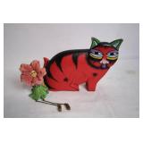 Unique Hand-Painted Wooden Cat and Flower Figurine Set