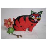 Unique Hand-Painted Wooden Cat and Flower Figurine Set