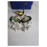 Set of Zebra Figurines, Brass Swan, and Blue Storage Box