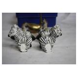 Set of Zebra Figurines, Brass Swan, and Blue Storage Box